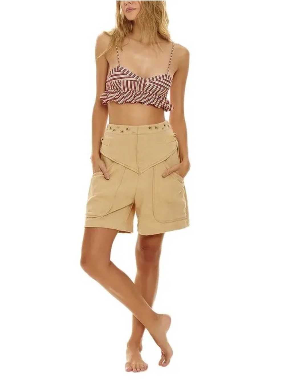 Agua Bendita Joan Khaki Linen-Blend High-Waisted Utility Shorts